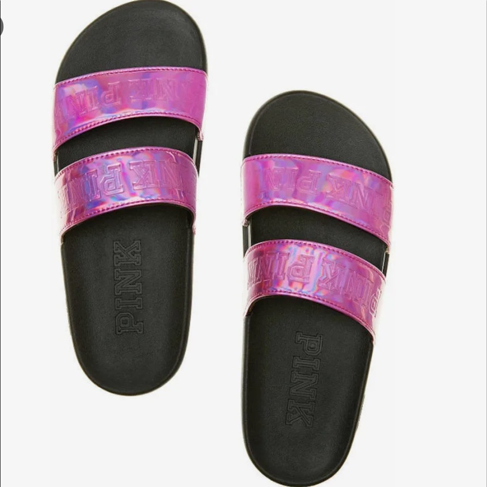 Victoria Secret PINK Metallic Pink Double Strap Sport Slides